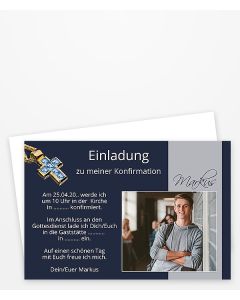 Einladungskarte Konfirmation oder Kommunion mit goldenem Kreuz in Dunkelblau