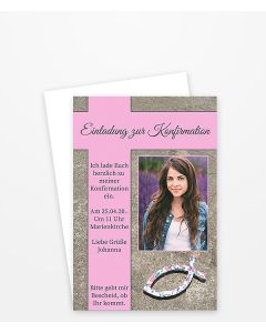Einladung Konfirmation oder Kommunion mit rosa Streifen und Fisch