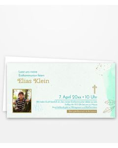 Einladungskarte Kommunion mit goldfarbenem Kreuz und Aquarellhintergrund.