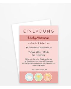 Einladungskarte zur Kommunion mit Glaube-Liebe-Hoffnung Symbolen.