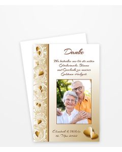 Dankeskarte zur Goldenen Hochzeit mit zwei goldenen Herzen