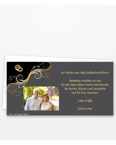 Dankeskarte zur Goldenen Hochzeit in Grau mit goldenem Ornament. 