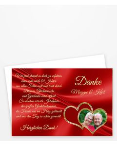 Goldene Hochzeit Dankeskarte in Rot mit zwei Herzen Foto und eigenem Text. 