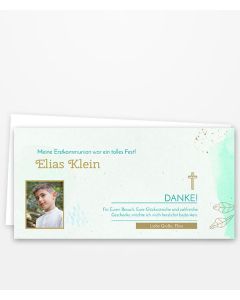 Dankeskarte Kommunion mit goldfarbenem Kreuz und Aquarellhintergrund.