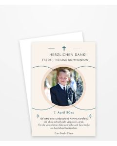 Schlichte Danksagung zur Kommunion mit kleinem Kreuz, Foto und Text.