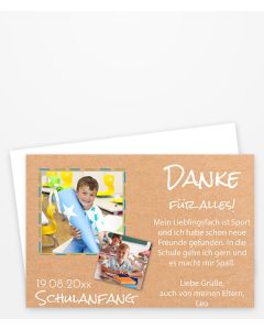Dankeskarte für den Schulanfang im Kraftpapier-Design mit zwei Fotos und eigenem Text.