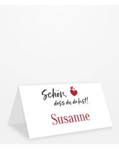 Tischkarte mit "Schön, dass du da bist!" Schriftzug mit Herzen in verschiedenen Farben Kategoriebild