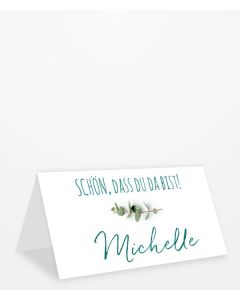 Tischkarte mit "Schön, dass du da bist!" Schriftzug mit Eucalyptuszweig Kategoriebild