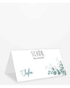 Tischkarte mit "Schön, dass du da bist!" Schriftzug im Blätterdesign Kategoriebild