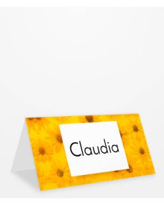 Tischkarte mit "Schön, dass du da bist!" Schriftzug mit gelben Blüten Kategoriebild