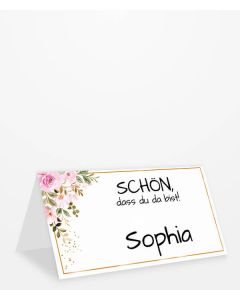 Tischkarte mit "Schön, dass du da bist!" Schriftzug mit rosa Blüten Kategoriebild