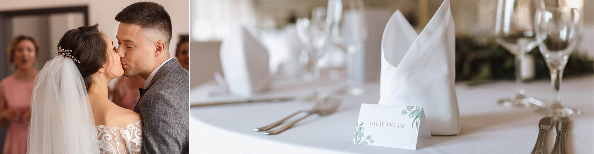 Tischkarten Hochzeit Tischkarten Hochzeit - gedeckter Tisch mit Tischkarte beschriftet mit Bräutigam und küssendem Brautpaar