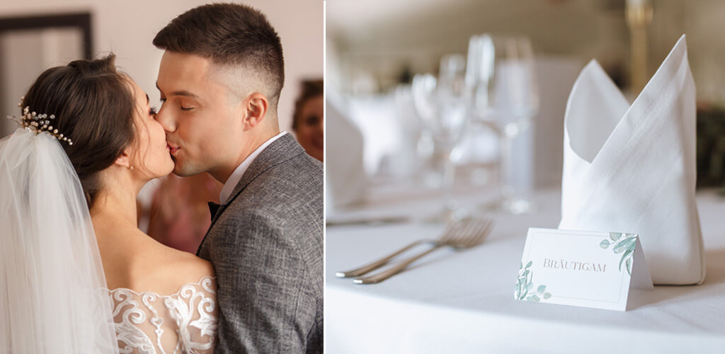 Tischkarten Hochzeit Tischkarten Hochzeit - gedeckter Tisch mit Tischkarte beschriftet mit Bräutigam und küssendem Brautpaar