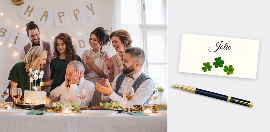 Tischkarten runder Geburtstag Tischkarten runder Geburtstag, Frau feiert bekommt Geschenk, Luftballons, gedeckter Tisch und Tischkarte