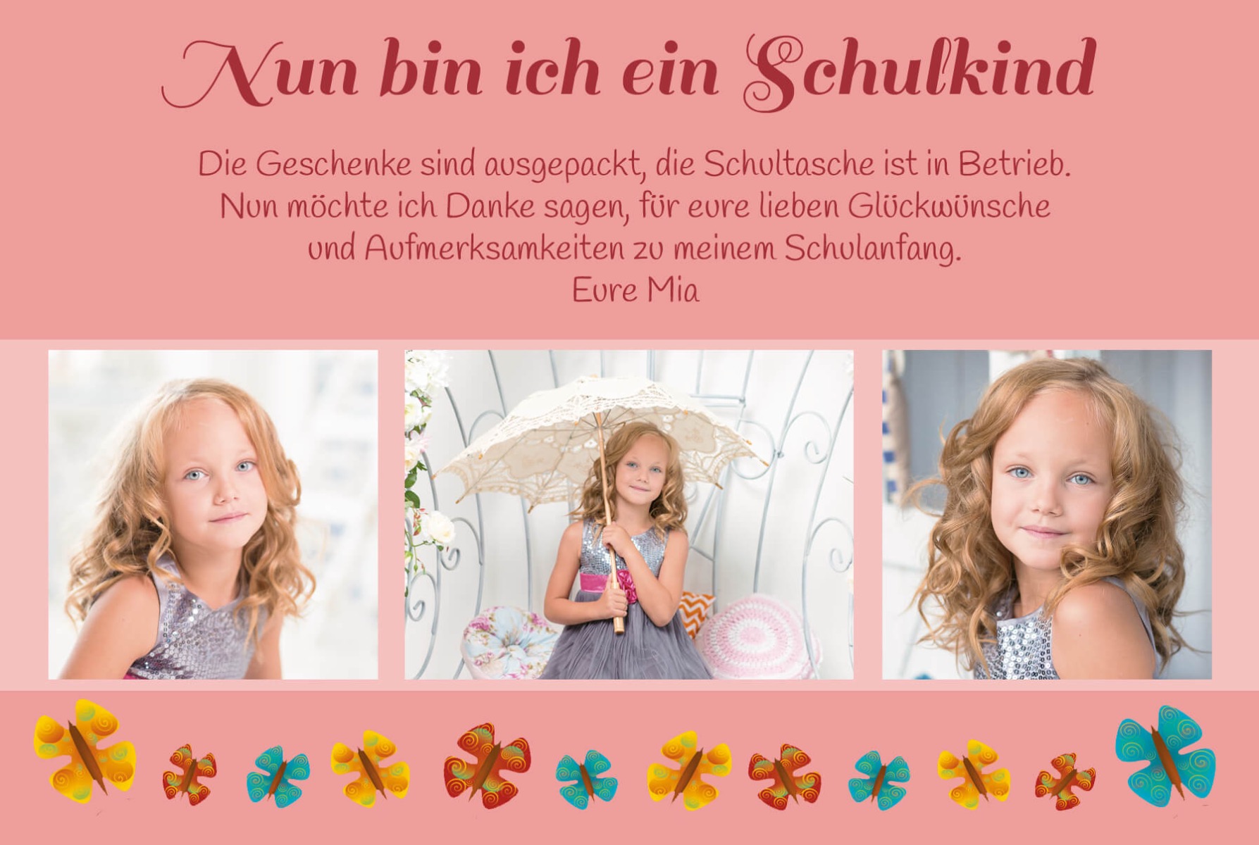 Dankeskarte Schulanfang mit Schmetterlingen